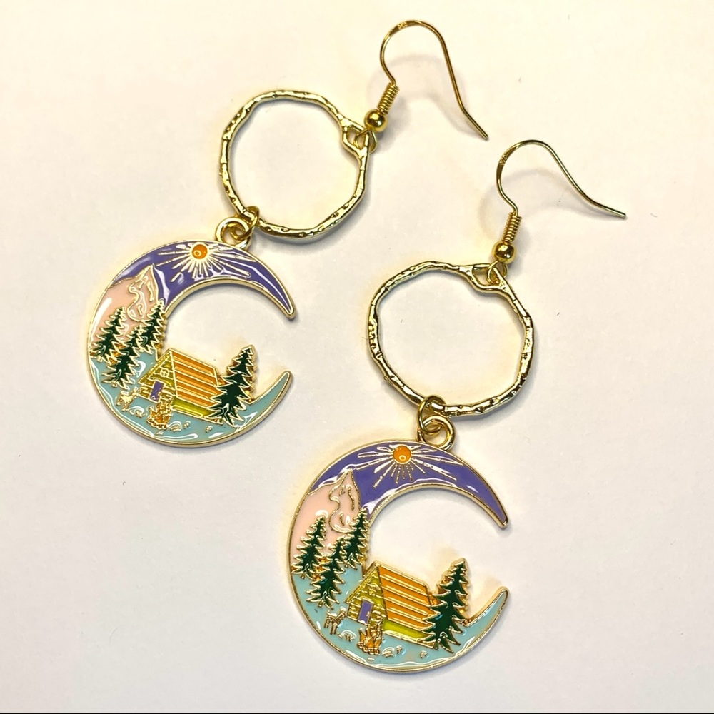Forest Moon Hanging Gold Hoop Earrings